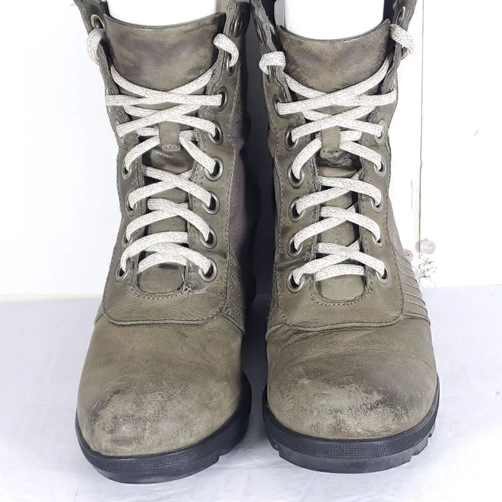Sorel Womens Lexie US7 Gray Distressed Leather Canvas Lace Up Wedge Ankle Boots
